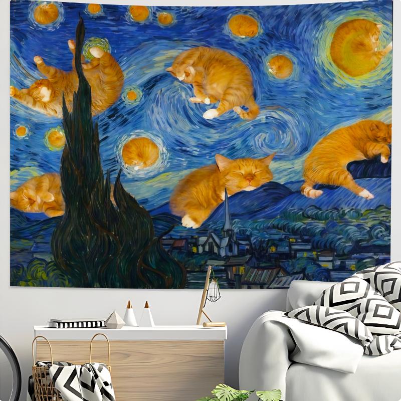 Cute Cat Bear Tapestry Kawaii Aesthetic Wall Hanging for Bedroom Living Room Dorm Minimalist Kids Home Decor