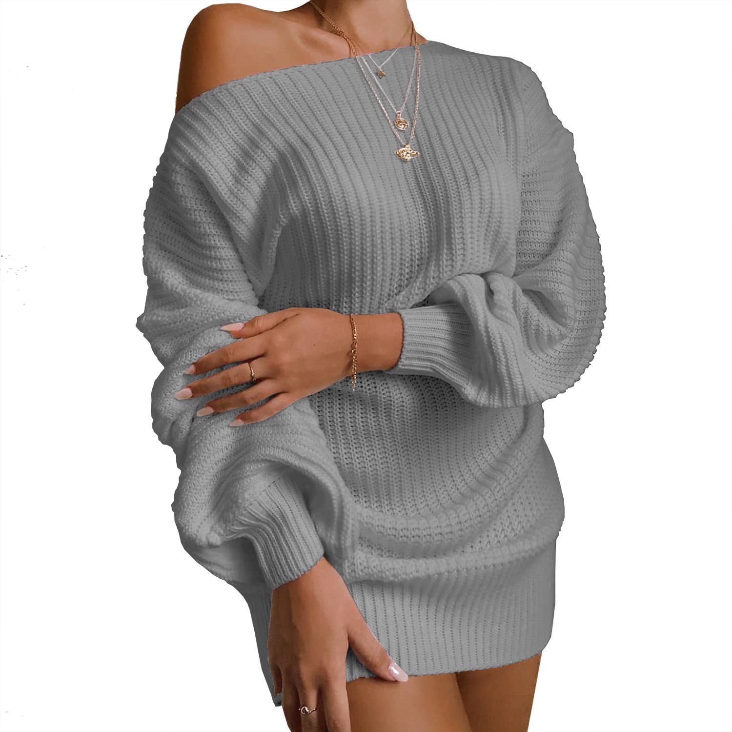 2025 Herbst Winter Laternenärmel Off-Shoulder Strickkleid - Europäischer & Amerikanischer Lässiger Stil L graue