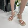 2026 New Brand Plush Fur Fuzzy Sandals Women Thin Heels Fashion Square Toe Ankle Lace Up Buckle Strap Slides Shoes