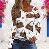 Women Plus Size Asymmetric Cutout Neck Cold Shoulder Long Sleeve Lipstick Leopard Print White Fitted Top