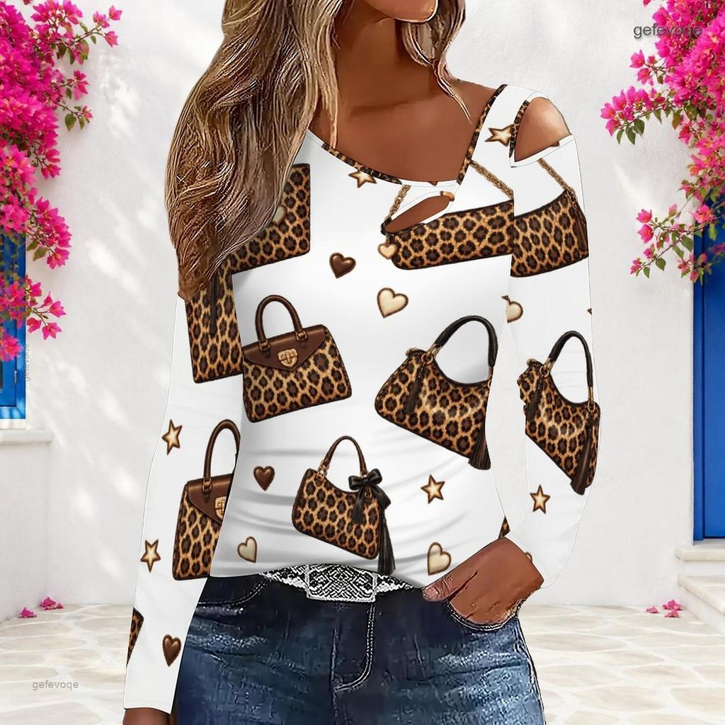 Women Plus Size Asymmetric Cutout Neck Cold Shoulder Long Sleeve Lipstick Leopard Print White Fitted Top