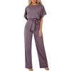 Elegant Women Slimming Jumpsuit with Batwing Short Sleeve and Lace Up Waist Solid Color Commuting Pantis Fashion Outfit