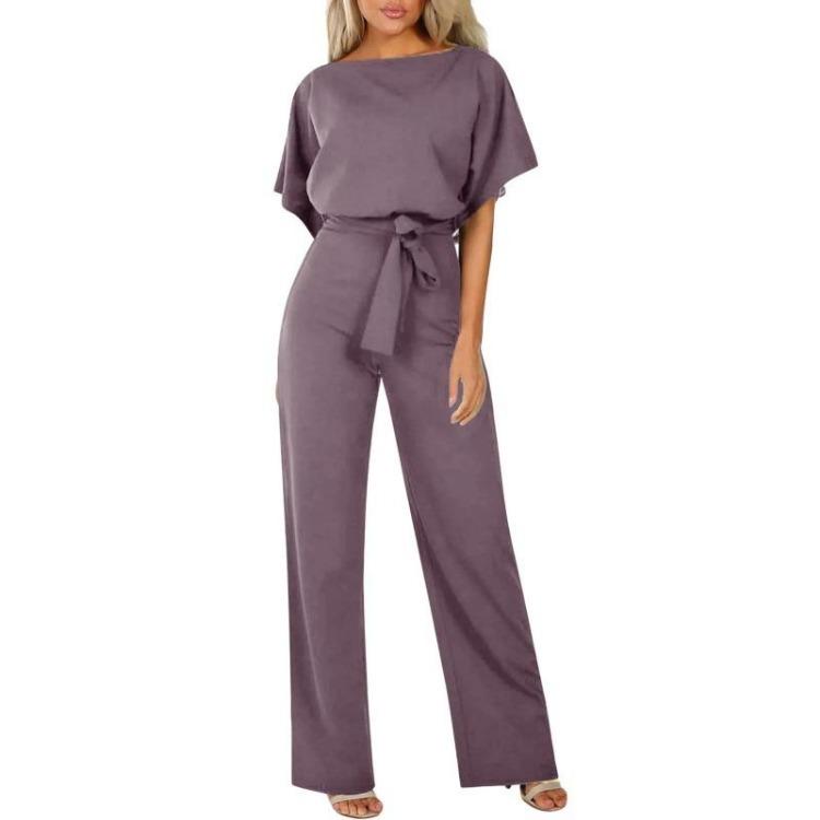 Elegant Women Slimming Jumpsuit with Batwing Short Sleeve and Lace Up Waist Solid Color Commuting Pantis Fashion Outfit