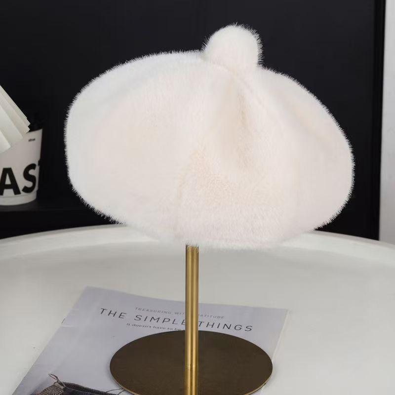 

Sweet Faux Rabbit Fur Beret Hat Women Autumn Winter Thicken Keep Warm Furry Flush Artist Flat Cap Solid Color Painter Hats белый