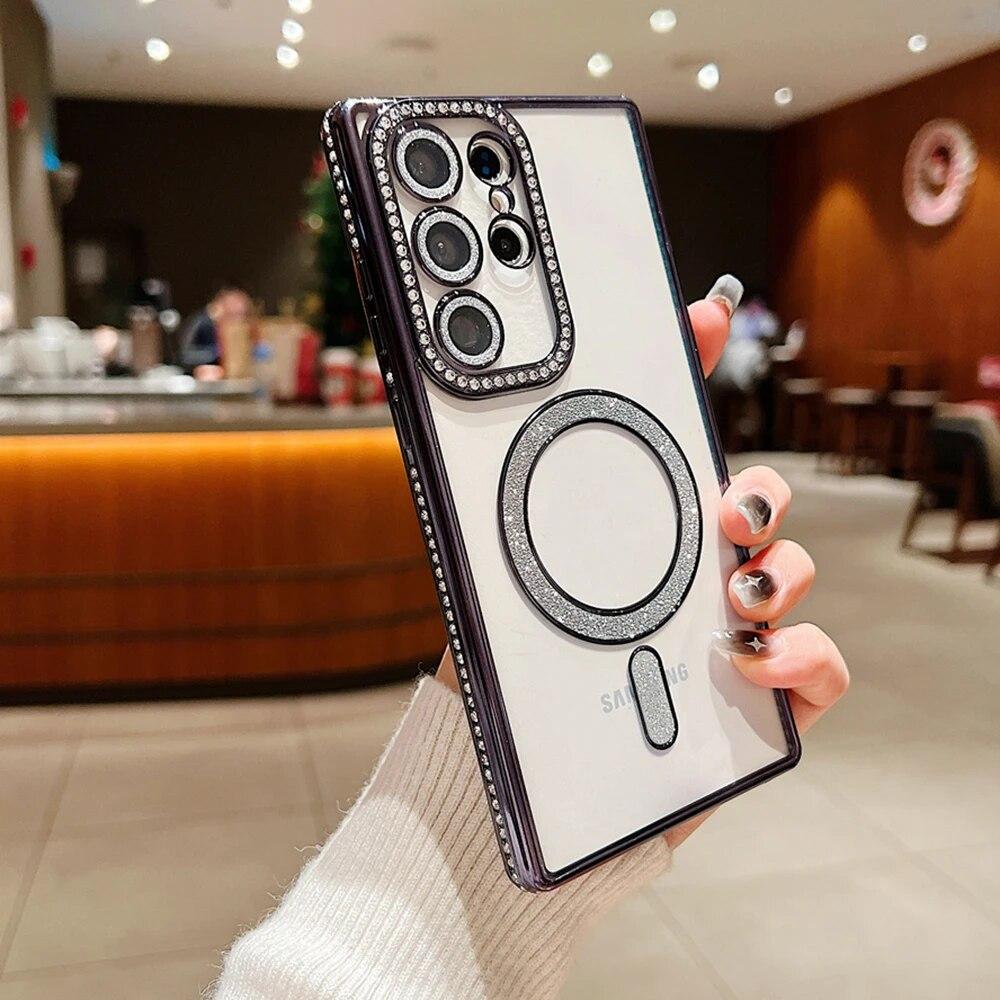 Husă de telefon transparentă, placată magnetică de lux, pentru Samsung Galaxy S24 S23 S22 Ultra Plus, cu sclipici, husă moale de protecție pentru lentile diamantate
