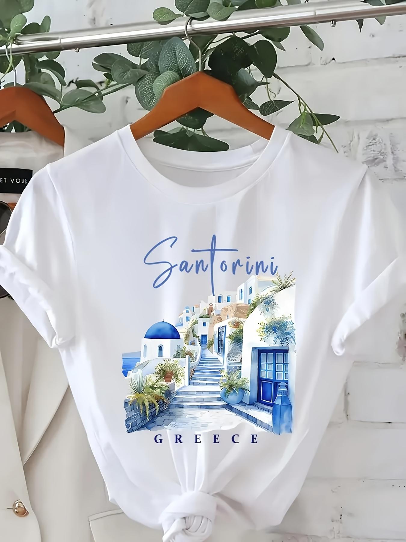 

Women S Santorini Greek Pattern Print T-Shirt - Short Sleeve Round Neck Casual Top Lightweight Spring/Summer Travel Souvenir L