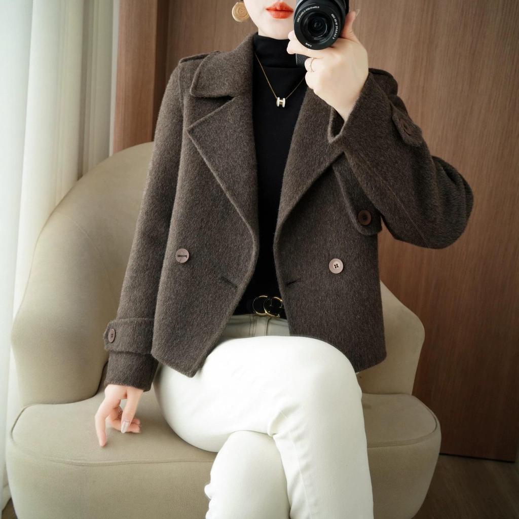 Petite Versatile Double-Faced Wool Coat: Short Double-Breasted Casual Suit Collar Slimming Outerwear