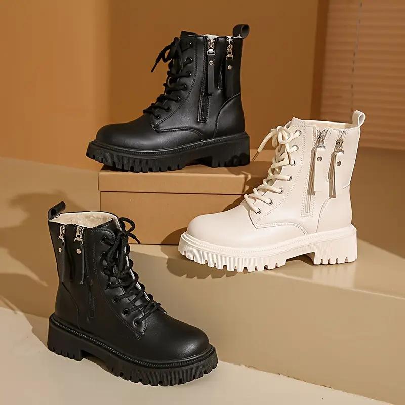 Fashion Double Zipper Thick Heel Plus Velvet Boots Women's Autumn and Winter All-match Single Boots Thick Sole Warm Short Boots