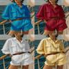 Casual Womens Cotton Linen Short Sleeve Shirt And Shorts Set For Summer And Spring