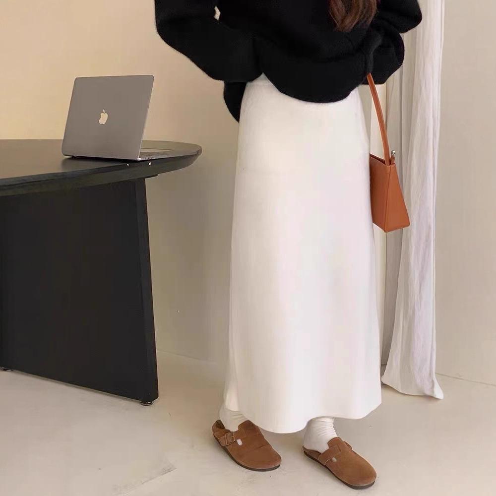 Petite Coffee Wool Midi Skirt for Women - High-Waisted, Slim Fit, Bodycon, A-Line, Raccoon Fur Trim, Perfect for Autumn/Winter