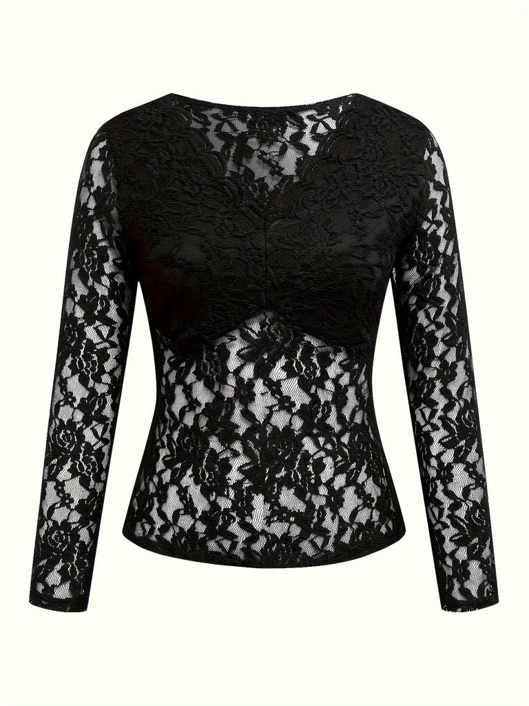 Cross-Border Women's European/American Lace Top - Sexy, Solid Color, See-Through Mesh, Long-Sleeved for Hot Girls.