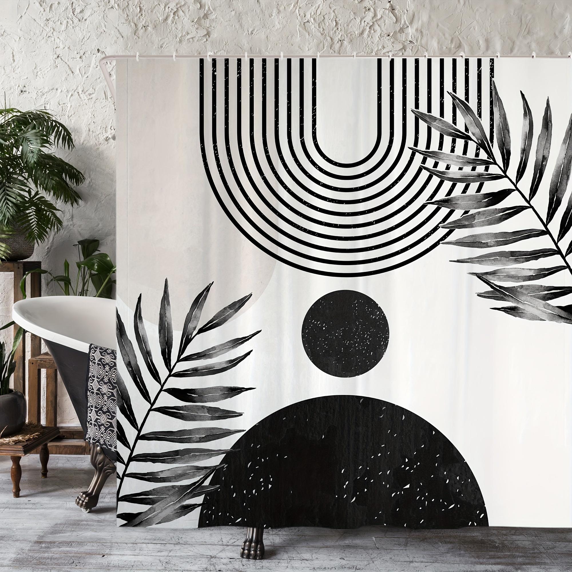 

Black And White Geometric Botanical Pattern Shower Curtain, Polyester Fabric, Machine Washable, With Hooks, Bathroom Decoration. W60H190(CM)-1 Pcs