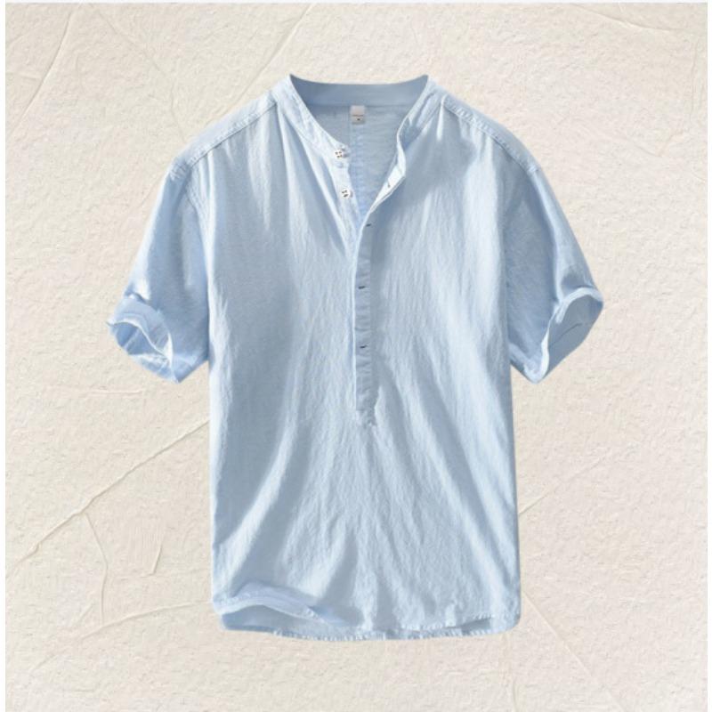 Men S Casual Solid Color Short Sleeve Stand Collar Loose Fit Shirt