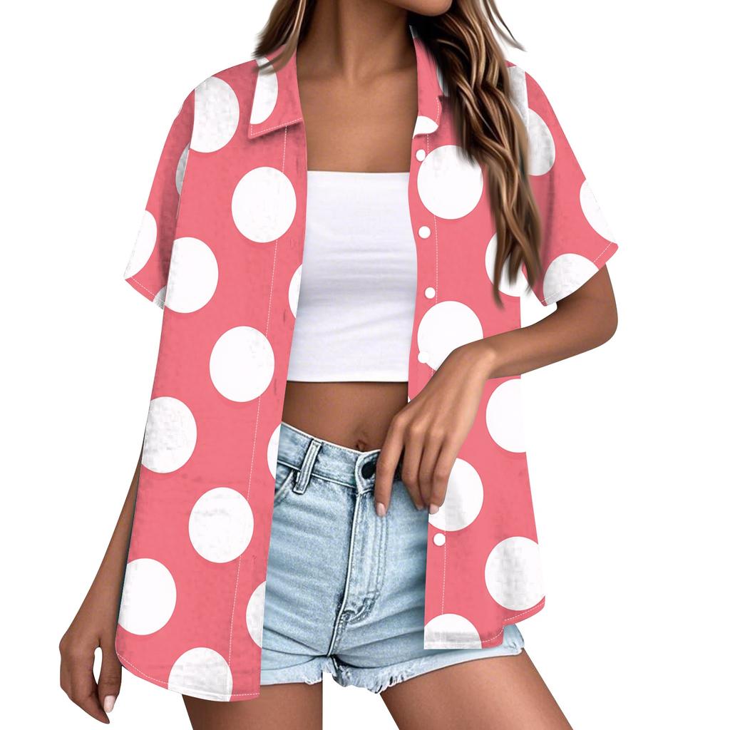 Women's Casual Loose Fit Short Sleeve Button Down Shirt Polka Dot Print Collared Blouse Lightweight Summer Top