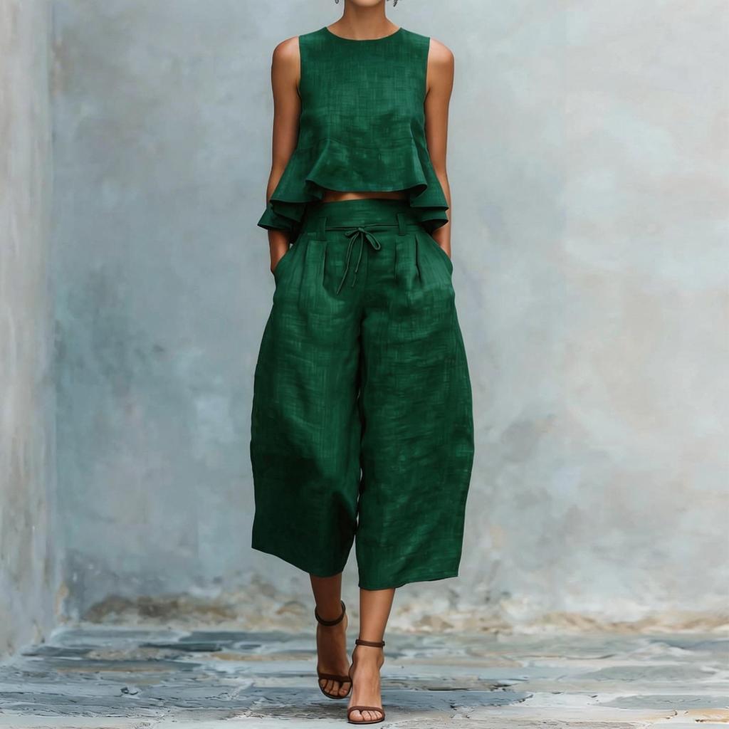 Moda Y Sexy Traje De Lino Con Cinturón Elástico Para Mujer Primavera y Verano Retro Conjunto Casual De Dos Piezas Moda Femenina Color