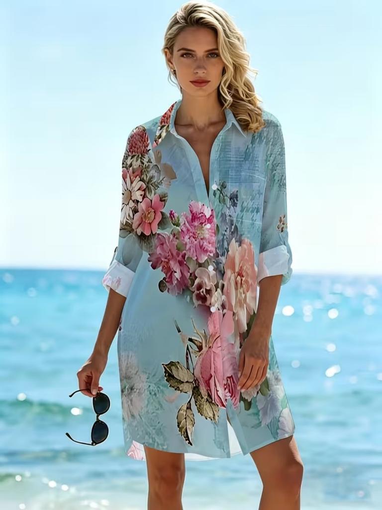 Women's Plus Size New Long Sleeve Printed Shirt Loose Fit Button Collar Beach Printed Shirt, Casual Plus Size Shirt