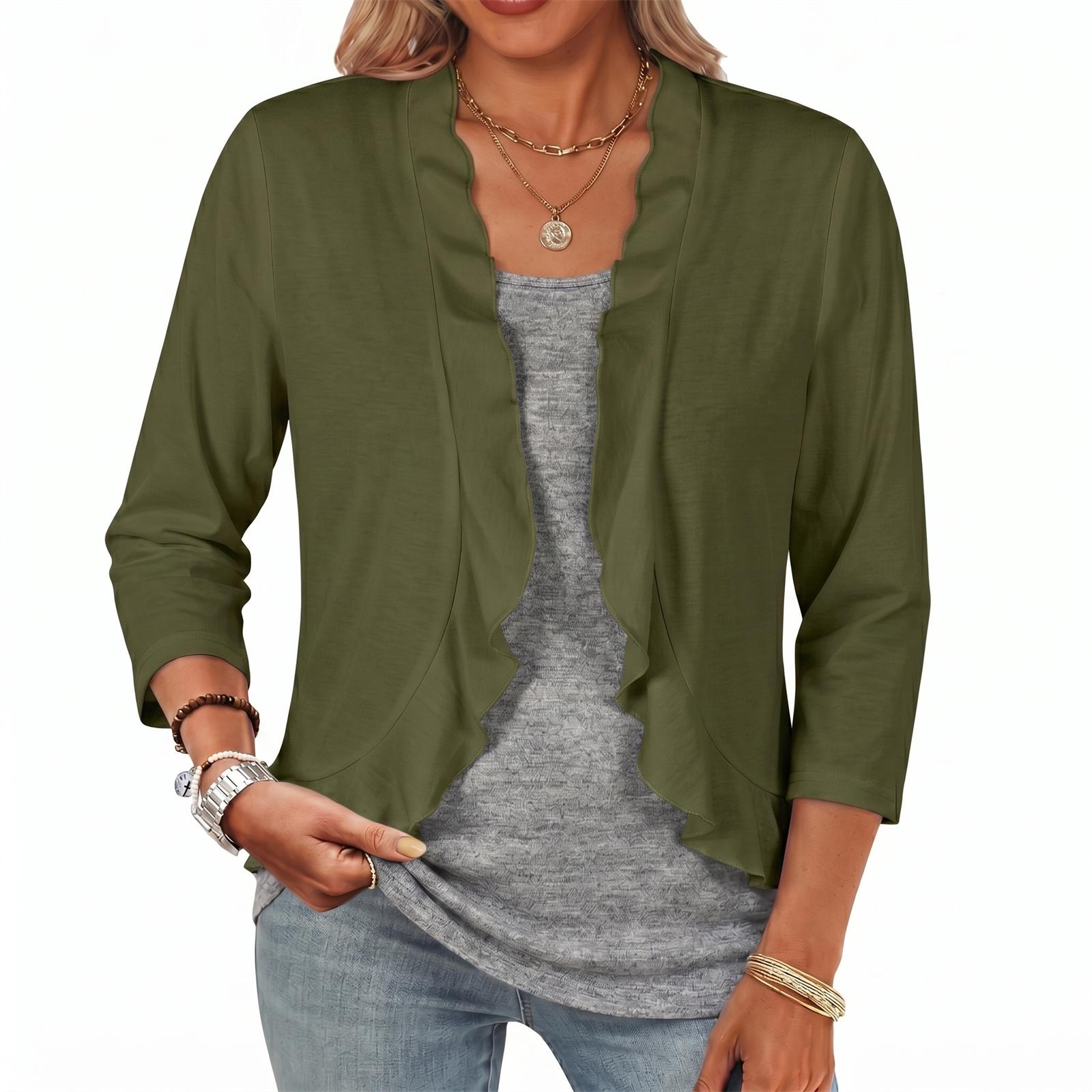 

Loose Fit Knit Cardigan Women Open Front Lightweight Air Conditioning Sweater 3/4 Sleeve Irregular Hem Ruffle Edge Casual Layering Top L