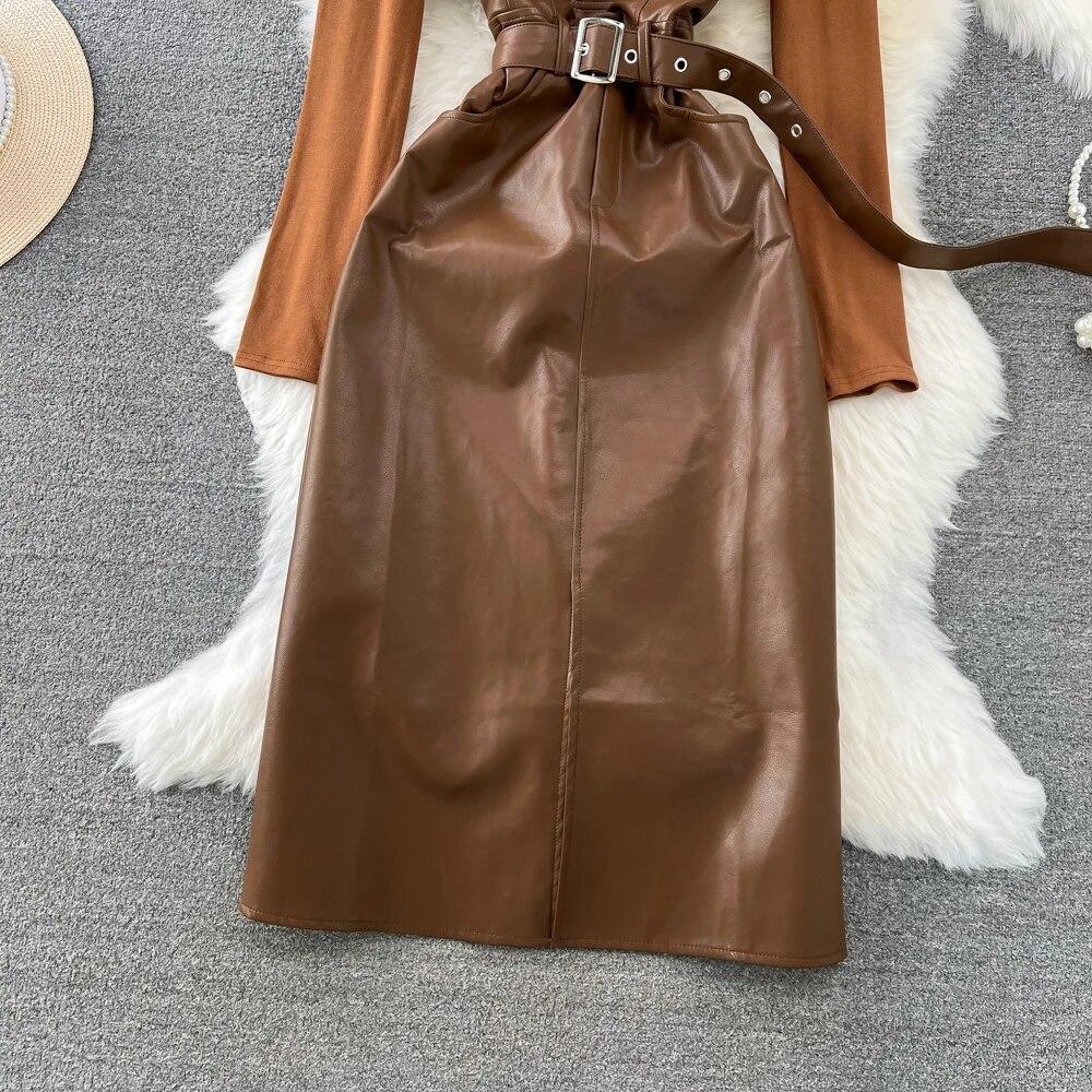 New Spring Women Long Sleeve Blouse Tops and Spaghetti Strap Faux Leather Slim Bodycon Pencil Dress Two Piece Set