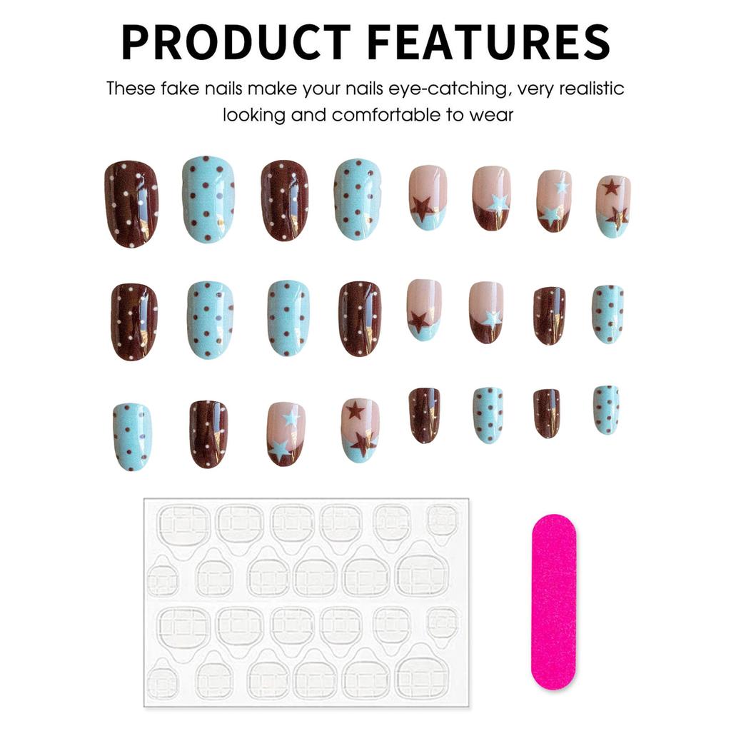 Star Polka Dot Fake Nails 24 Pieces Lightweight Durable Comfortable Wear for Women Manicure