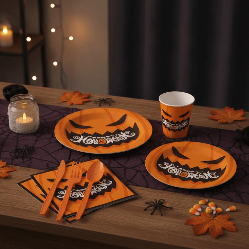 Pumpkin Pattern Disposable Plate Cup Set Paper Disposable Utensils Set Ghost Festival