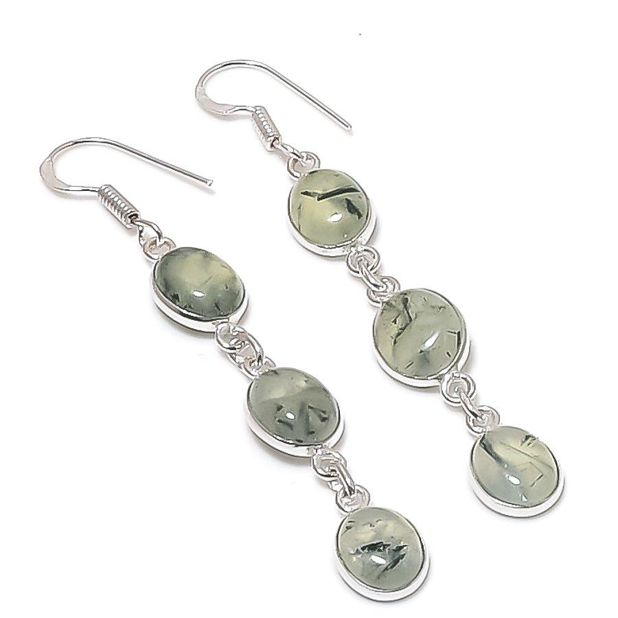 

Natural Moss Prehnite Gemstone Handmade 925 Sterling Silver Earring 2.56 u3I40
