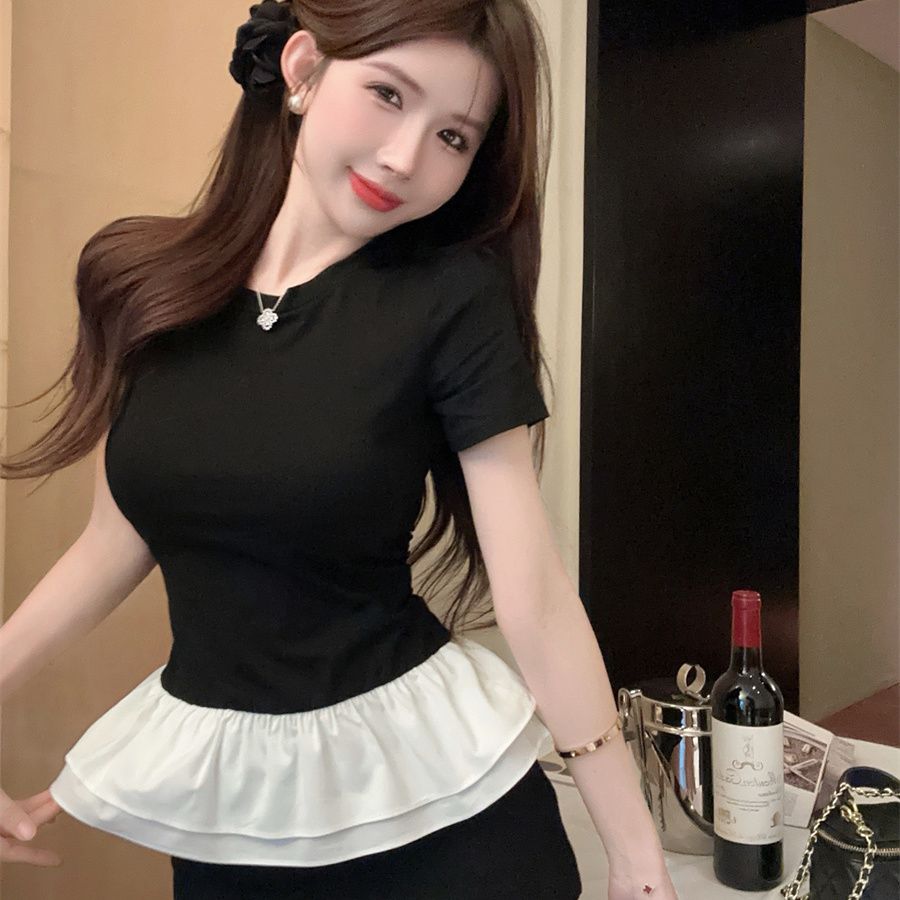 Sexy Women T-shirts Ruffles Wide Black White Fashion Lady Tees Design Tops For Girls
