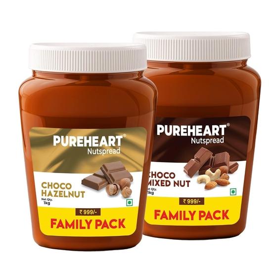 Pureheart Nut Spread Combo of Choco Hazelnut (1 kg) and Choco Mixed Nut (1 kg) Delicious and Creamy Snack, Nutty Chocolate Spread for Breakfast