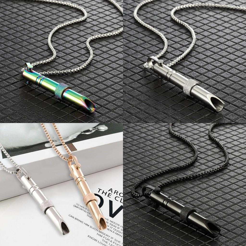 Stainless Steel Meditation Mindfulness Pendant Breath Control Whistle Long Necklace
