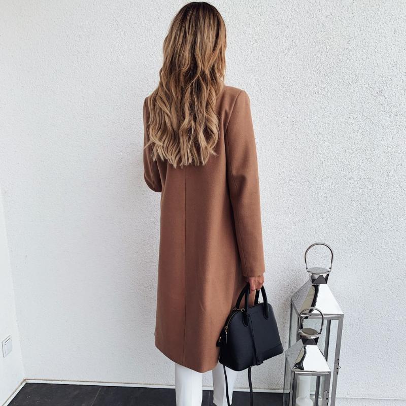 Modă Toamnă și Iarnă Jachetă Culoare Solidă Rever Stil Retro Mânecă Lungă Două Buzunare Guler Tip Costum Lână Jachetă Lungă Femei