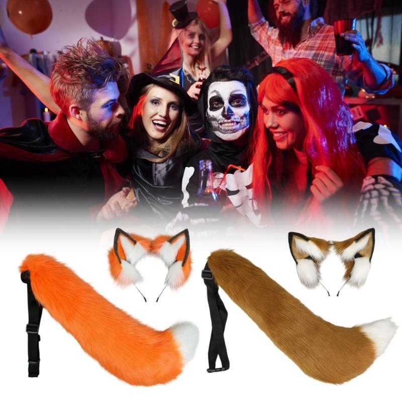 Halloween Foxes Ear Headpiece With Plush Tail Accessory Soft Furry Plush Costume Accessory For Family Parties