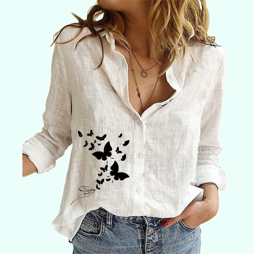Women Fashion Cotton Linen Thin Shirt Ladies Casual Butterfly Print Blouse