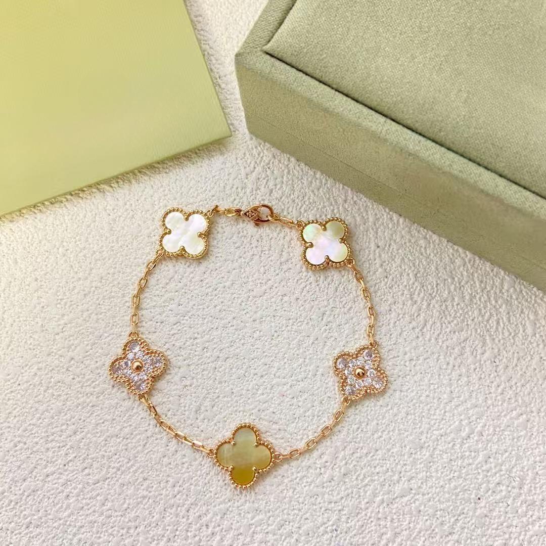 

Браслет «Четырехлистный клевер Пятицветник» Женский двусторонний «Счастливый клевер» Высокая версия Цветок Браслет-талисман на удачу 925 Silver розового золота