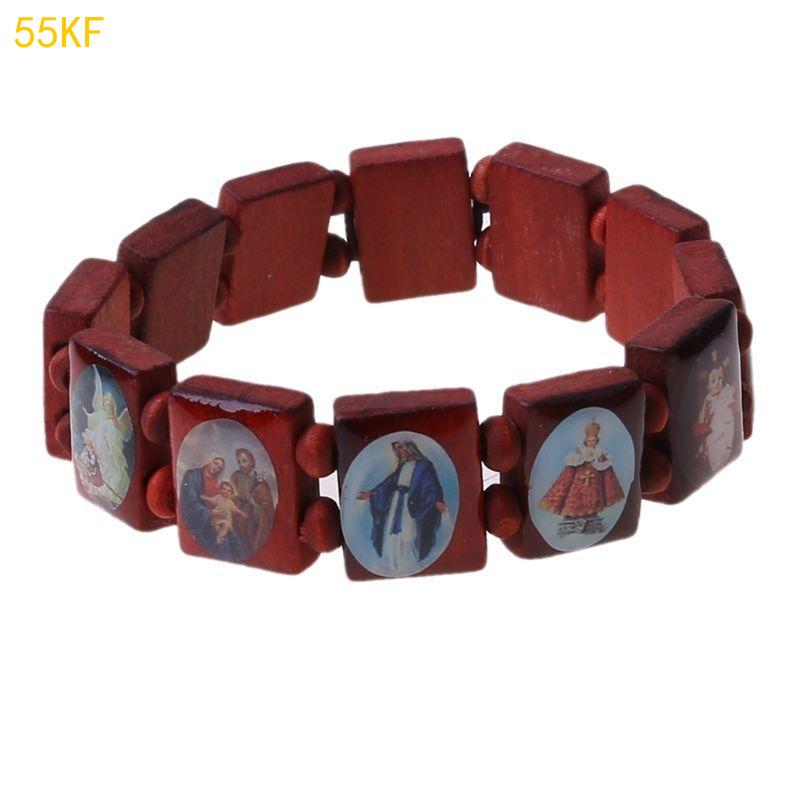 55KF 4 Pcs Elastic Bead Bracelet Wooden Bracelet Religious Bracelet for Unisex
