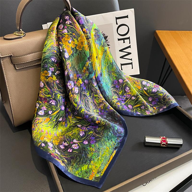 Lenço Quadrado de Cetim de Seda 100% Puro Alta Qualidade para Mulheres Estampado Bolsa de Mão Pulseiras de Pulso Xale Feminino Lenço de Pescoço Foulard