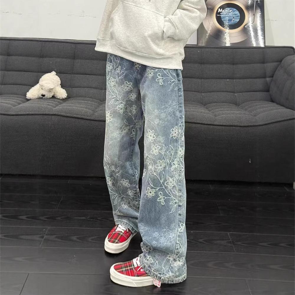 Light Blue American Jacquard Jeans Men's Autumn Ruffian Handsome High-end Pants High Street Vibe Straight Micro-pull Pants