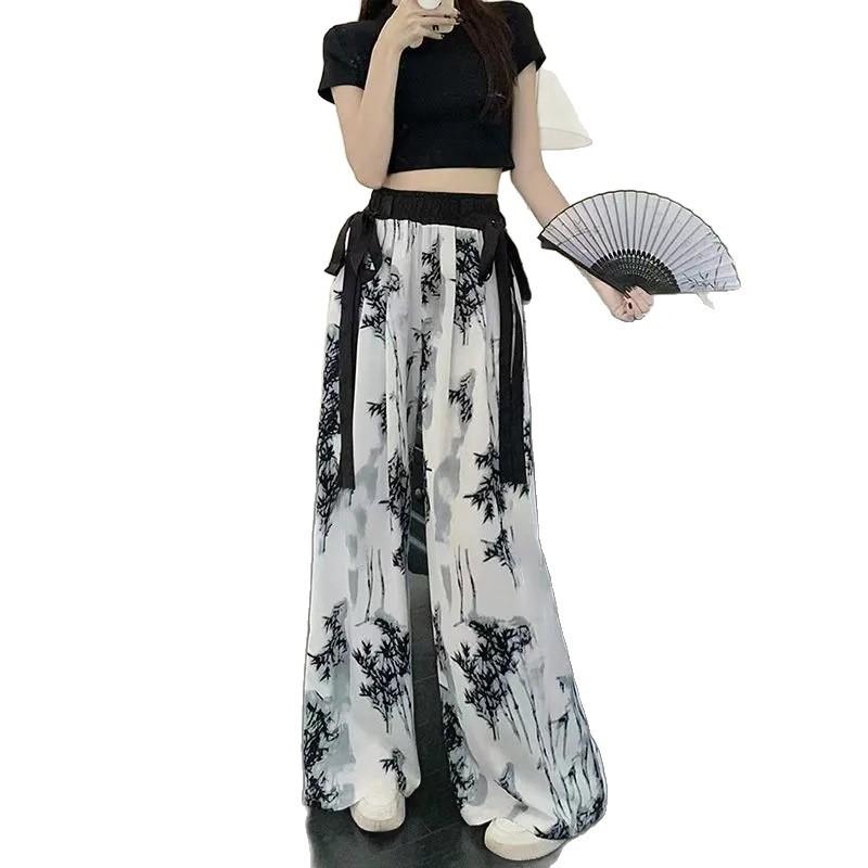 Summer Women's High-Waisted Wide-Leg Ink Wash Print Trousers