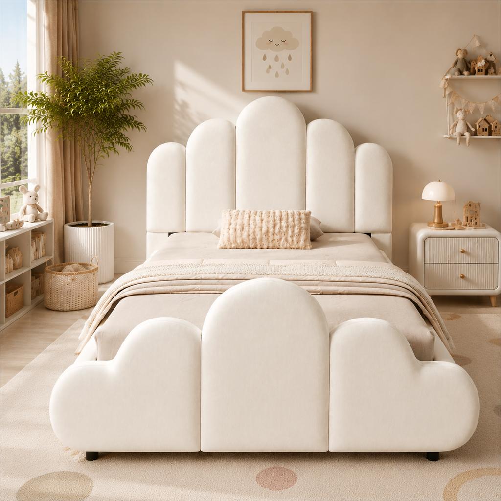 Letto imbottito, Letto singolo, Letto per bambini 90 x 200 cm, Letto con testiera imbottita, Angoli arrotondati, Velluto, Beige