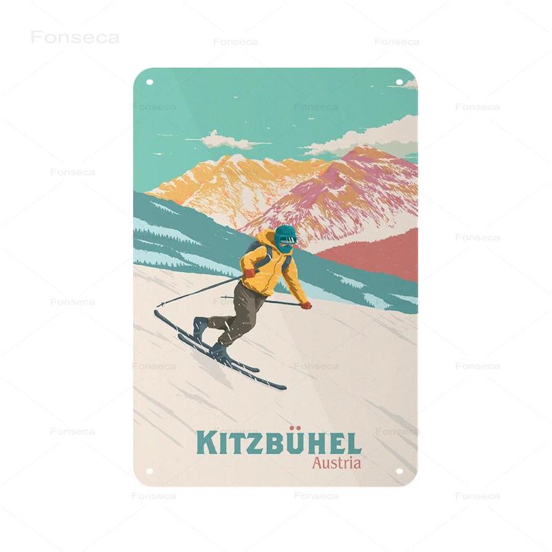 Retro Ski Resort Metal Sign St Anton Kitzbuhel Avoriaz Winter Landscape Home Bar Club Hotel Wall Decor Tin Plaque XCm
