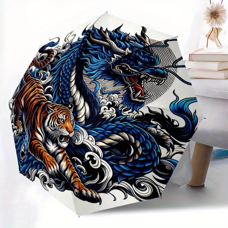1pc Blue Dragon vs Tiger Cartoon Umbrella,Compact Umbrella, Suitable for Camping, Ideal Easter Birthday Gift for Family and Friends.N009