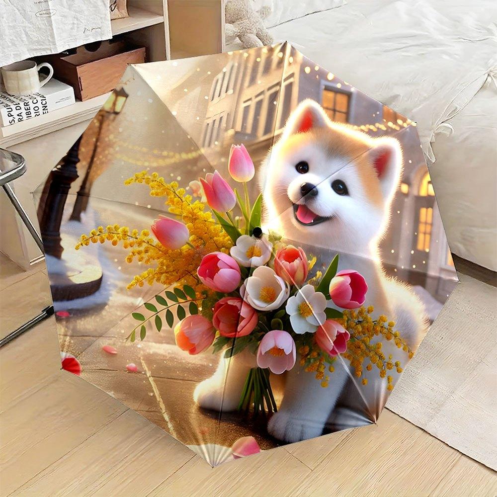 

Shiba Inu Holding Tulips & Daisies Folding Umbrella - Automatic Open Compact Travel Umbrella with 8-Rib Durable Frame, Stylish (as the picture,Iron&8K)