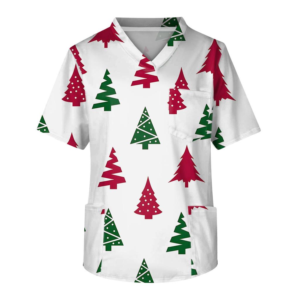 Men's Short Sleeve V-Neck Christmas Print Chest Pocket Care Top