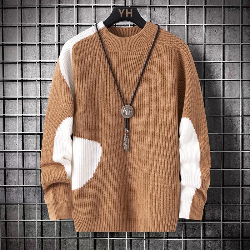 Men Knitted Sweater Youth O-Neck Casual Pullover Male Patchwork Color Sweater Winter Fashion Kntwear Top Men Student Base Shirt