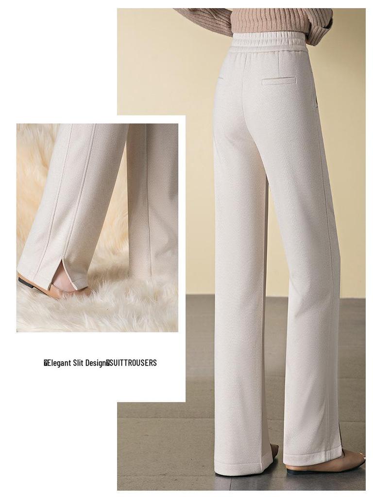 Women's Wool Blend Elastic Waist Pants: Straight, Narrow, and Wide Leg - Slimming, Plus Velvet, Plus Thick, Winter 2024 Style, Casual and Long.