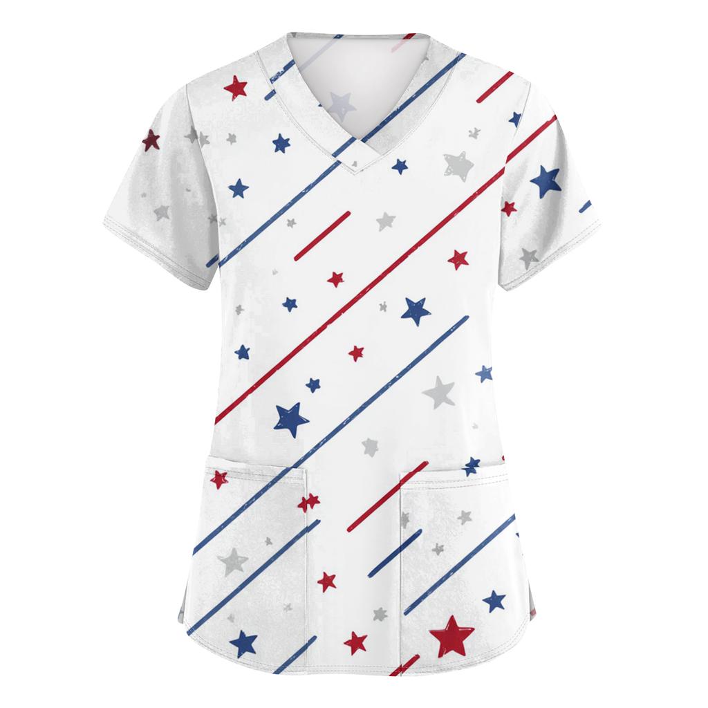 Women's Fashionable V-Neck Short-Sleeved Work Top With Pockets And Independence Day Print  Uniform