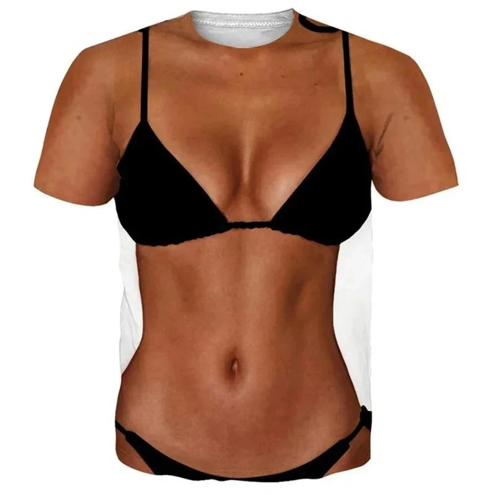 Summer Round Neck 3D Funny Muscle Body Print Top Fashionable Casual Short Sleeved Men's T-shirts