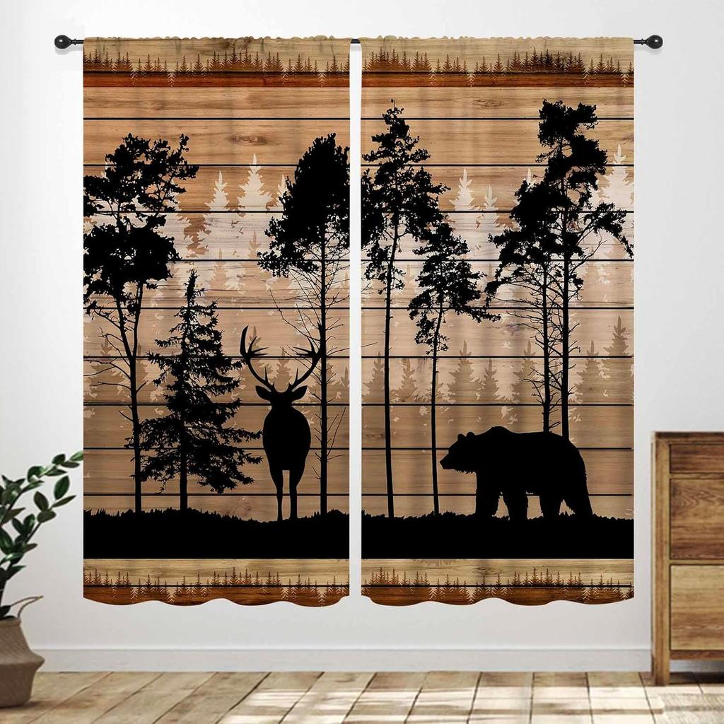 Rustic Deer Curtains,Farmhouse Cabin Lodge Country Forest Hunting Wild Animal Vintage Elk Window Treatments Drapes for Bedroom