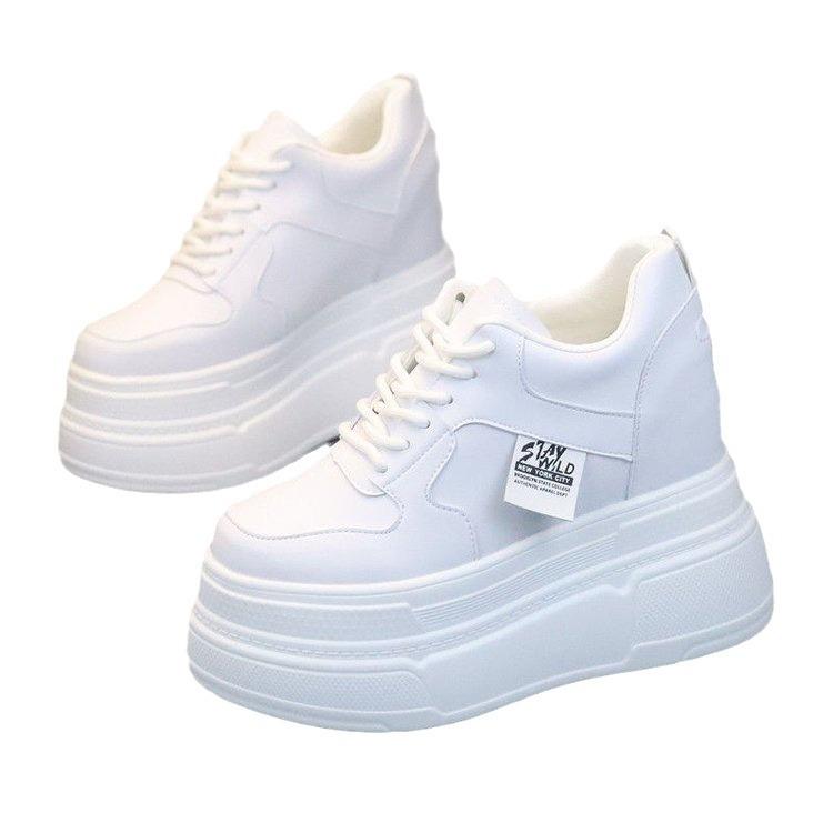 2024 new fashion high-heeled muffin single shoes round head leather surface white shoes inner height increase and thin high-top casual shoes women