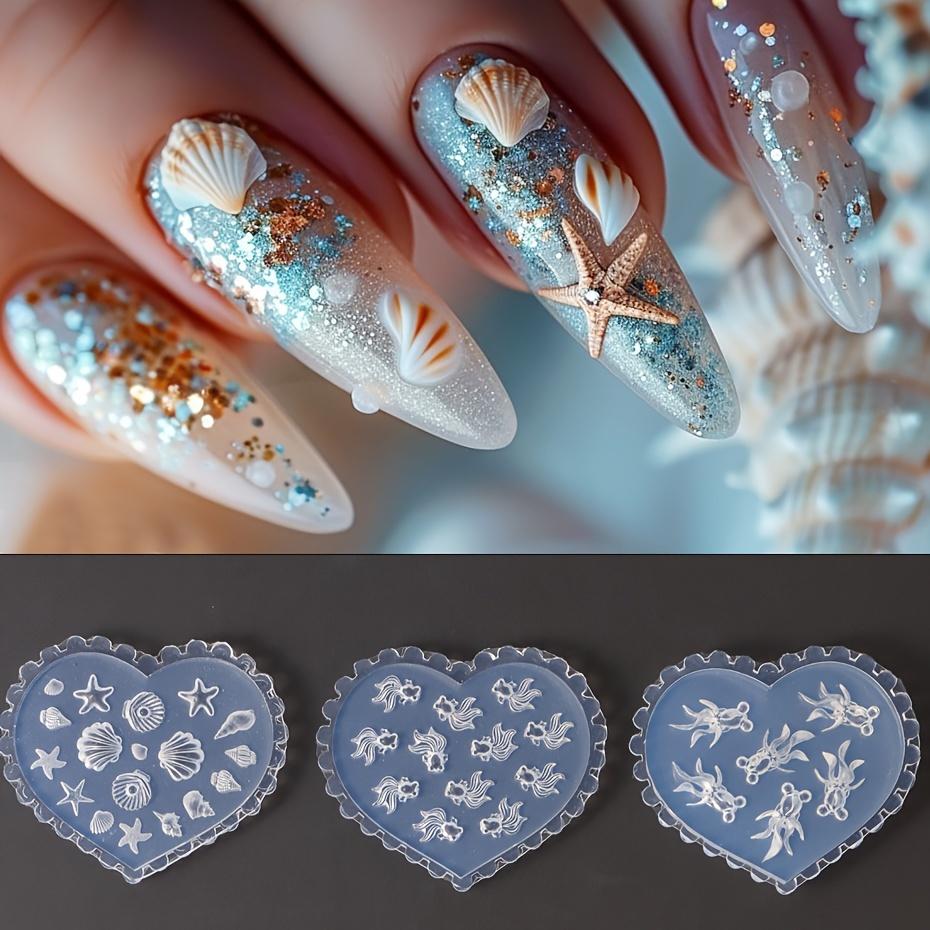 6Pcs Silicone Carving Molds – Summer Beach Style with Starfish, Conch & Goldfish, Nail Art Stencil for DIY Nail Accessories & Polymer Clay Jewelry