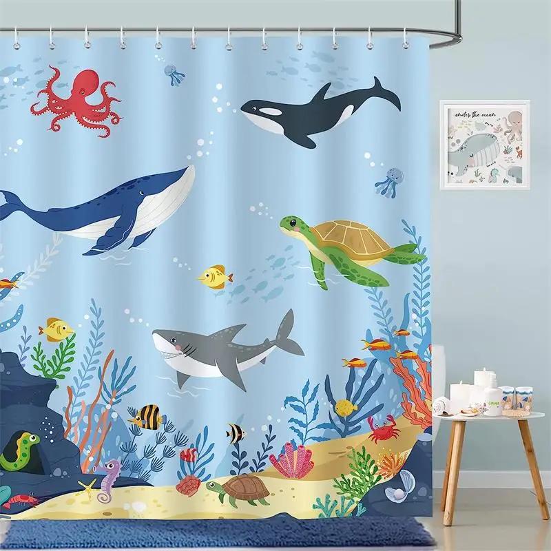 Cartoon Engineering Car Shower Curtains Ocean Animals Fish Cosmos Starry Sky Polyester Fabric Kids Bathroom Decor Set With Hooks