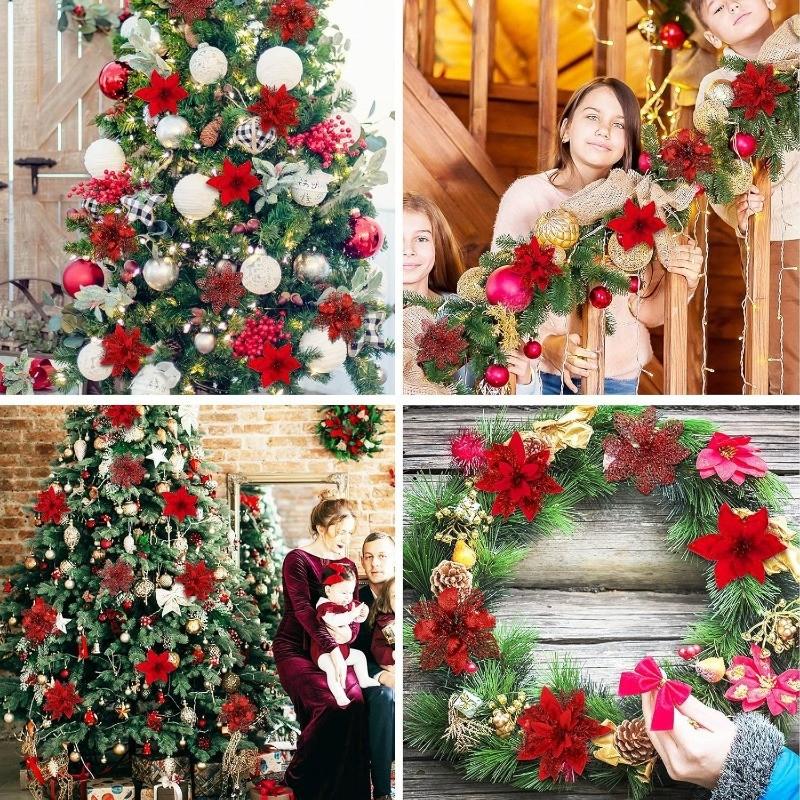 8Pcs Christmas Artificial Flowers With Clip Christmas Tree Ornaments for Home Decor New Year DIY Xmas Wreath Crafts Accessories
